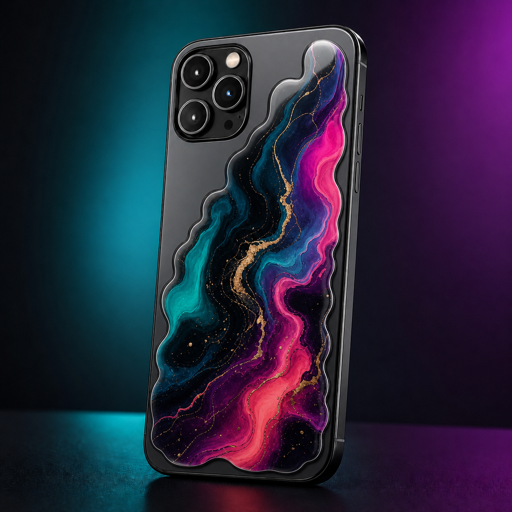 Cell phone with a glossy custom UV transfer decal applied to the back