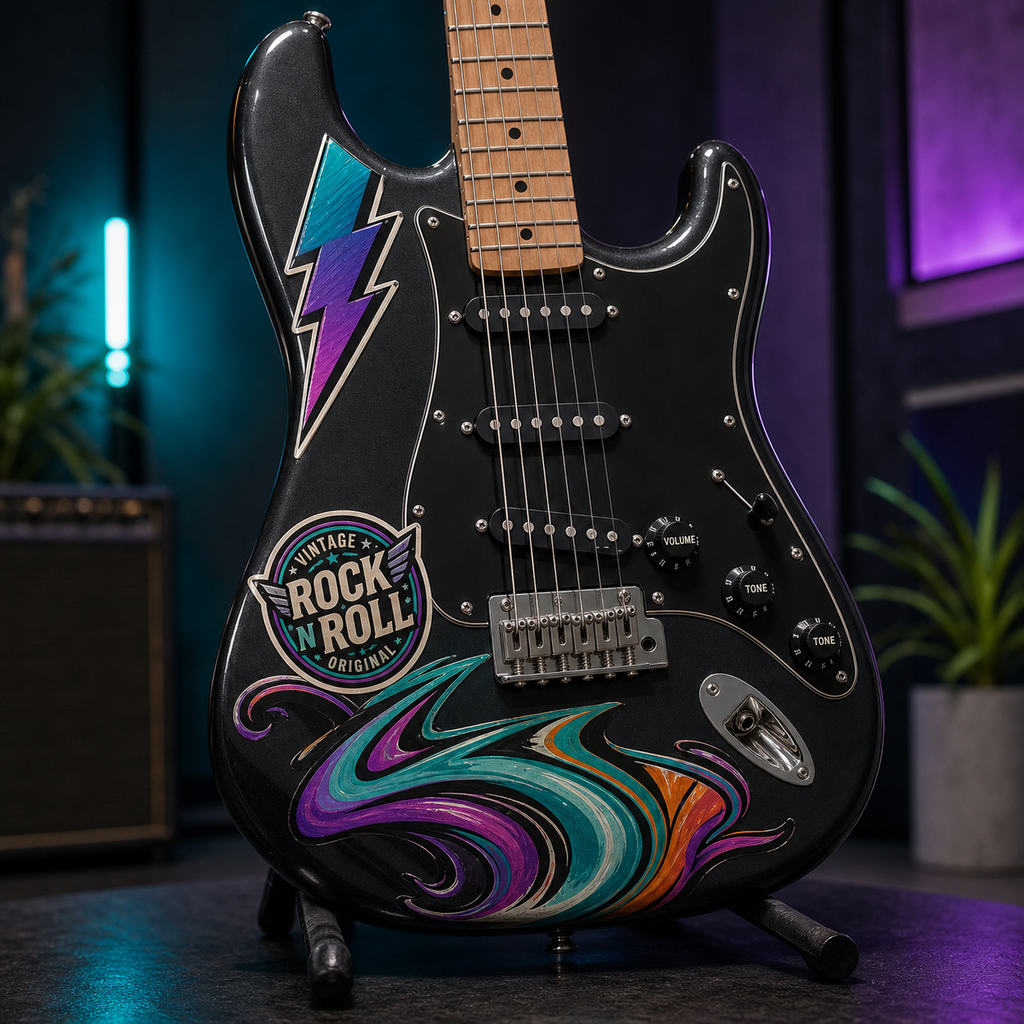 Electric guitar with colorful glossy UV transfer stickers applied to the body branding