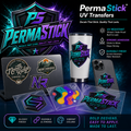 PermaStick UV transfers image showing custom decals on a tumbler, laptop, phone case, and sample transfer sheets