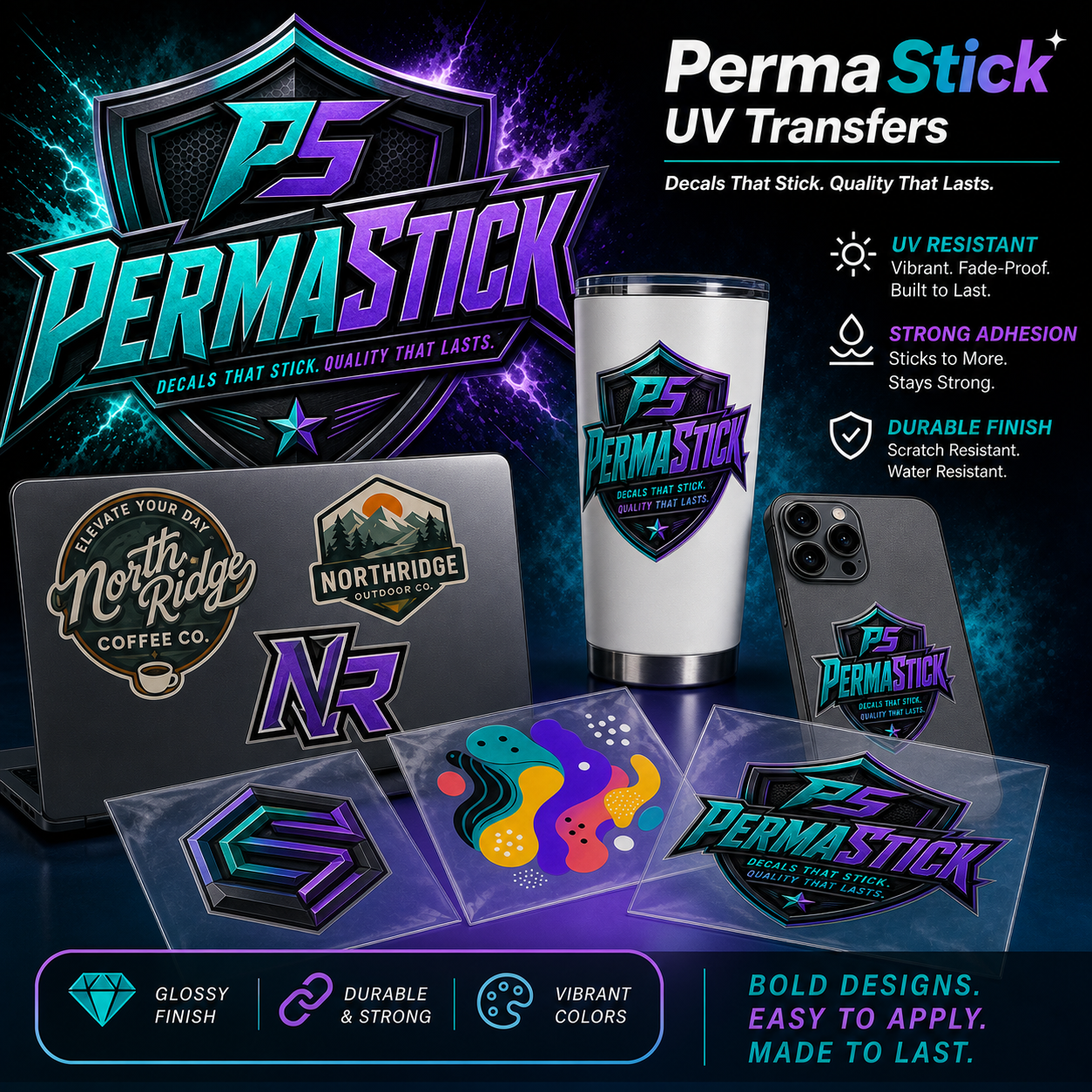 PermaStick UV transfers image showing custom decals on a tumbler, laptop, phone case, and sample transfer sheets