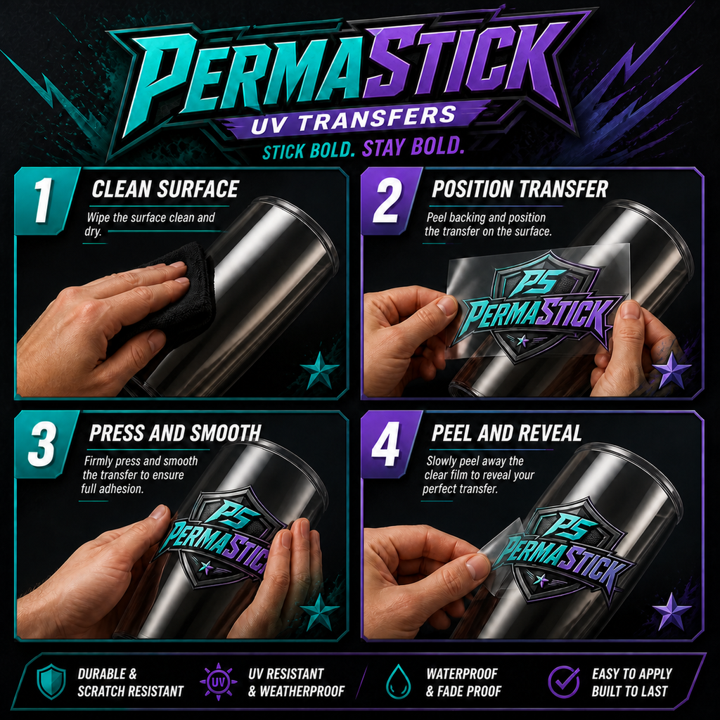 PermaStick UV transfer application instructions showing four steps: clean surface, position transfer, press and smooth, and peel and reveal