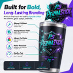 PermaStick UV transfer tumbler graphic showing glossy finish, durability, and hard-surface branding benefits