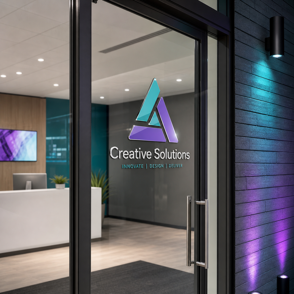 Custom UV transfer logo applied to a modern office glass door